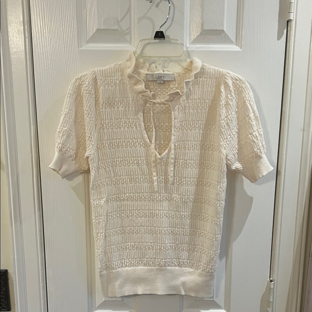 LOFT Ivory Knit Ruffle Short Sleeve